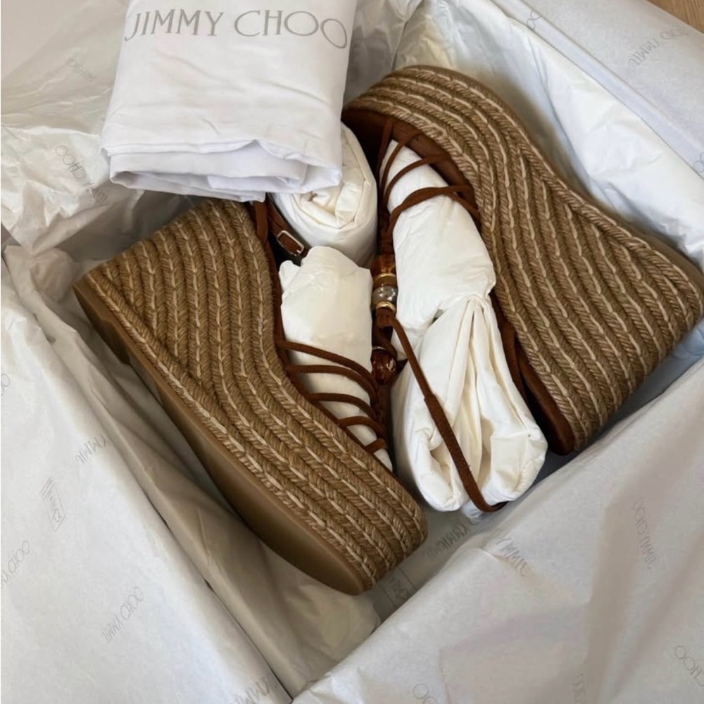 Jimmy Choo Tan Lemi Woven Platform Wedge Sandals 38 NIB - Picture 2 of 5